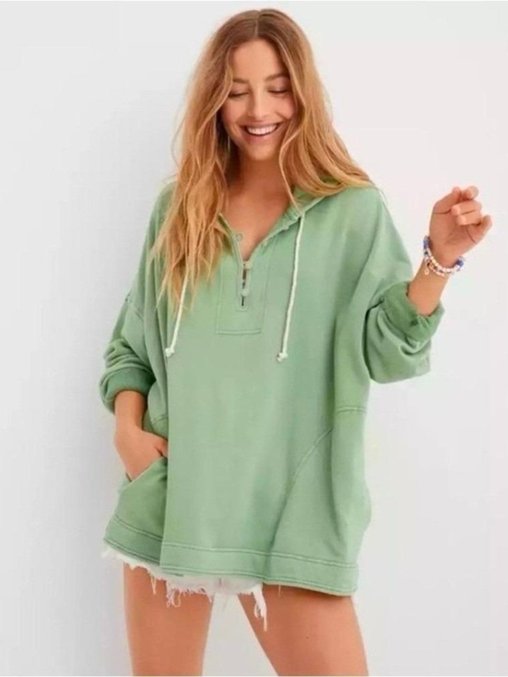Aerie Oversized Beach Weekend  Sage Green Hooded Henley Sweatshirt | Size XS